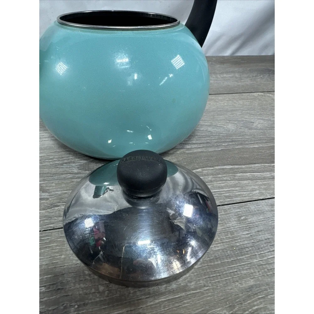 Farberware Luna Whistling Tea Pot Kettle 2.5 qt Aqua Enamel on Steel